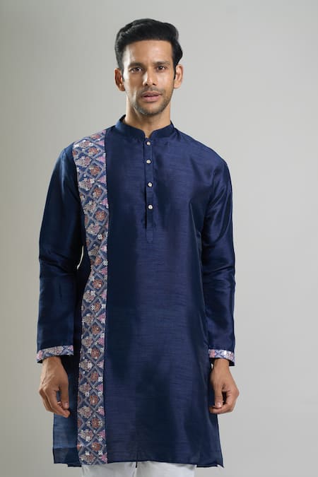 Arihant Rai Sinha_Navy Silk, Polyester, Viscose Printed Patta Blend Kurta And Churidar Set _at_Aza_Fashions