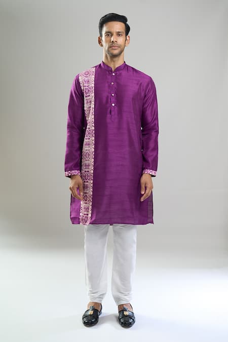 Shop_Arihant Rai Sinha_Purple Silk, Viscose, Polyester Blend Kurta And Churidar Set _Online_at_Aza_Fashions