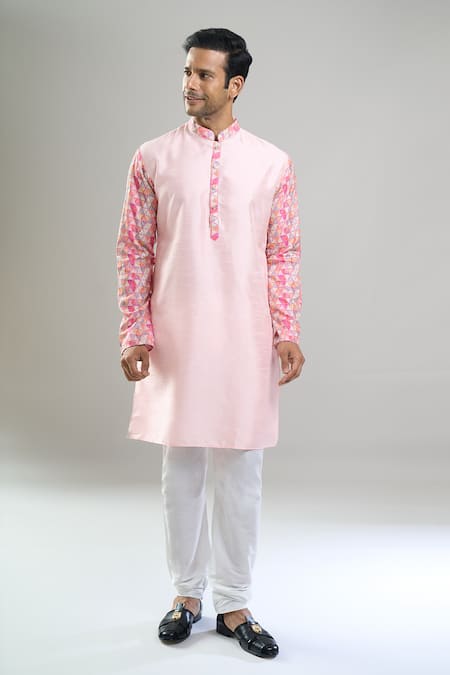 Buy_Arihant Rai Sinha_Pink Silk, Polyester, Viscose Printed Patta Kurta And Churidar Set _Online_at_Aza_Fashions