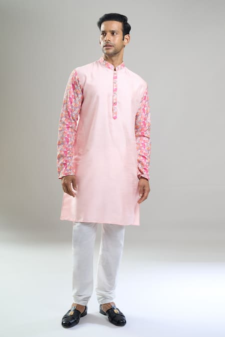Shop_Arihant Rai Sinha_Pink Silk, Polyester, Viscose Printed Patta Kurta And Churidar Set _Online_at_Aza_Fashions