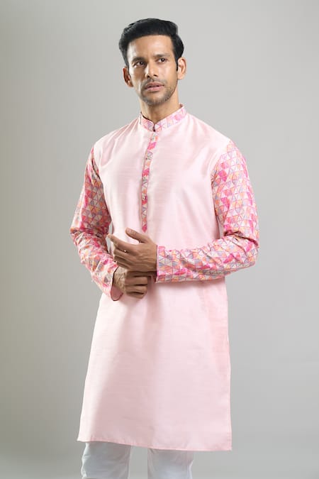 Arihant Rai Sinha_Pink Silk, Polyester, Viscose Printed Patta Kurta And Churidar Set _at_Aza_Fashions