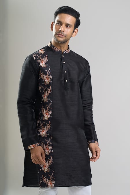 Shop_Arihant Rai Sinha_Black Silk, Polyester, Viscose Printed Patta Blend Kurta And Churidar Set _Online_at_Aza_Fashions