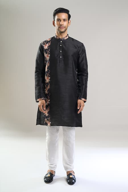 Arihant Rai Sinha_Black Silk, Polyester, Viscose Printed Patta Blend Kurta And Churidar Set _at_Aza_Fashions
