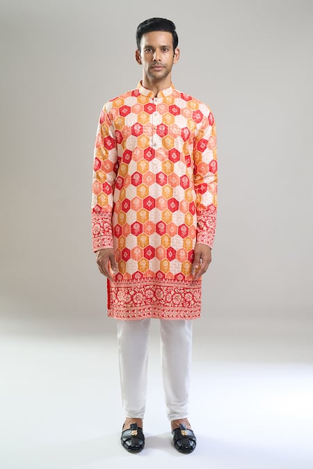 Buy_Arihant Rai Sinha_Red Cotton, Polyester, Viscose Embroidery, Geometric Kurta And Churidar Set _Online_at_Aza_Fashions