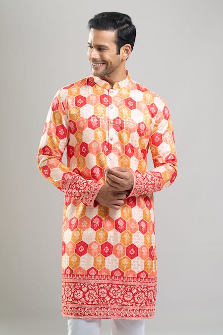 Shop_Arihant Rai Sinha_Red Cotton, Polyester, Viscose Embroidery, Geometric Kurta And Churidar Set _Online_at_Aza_Fashions