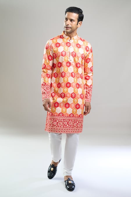 Arihant Rai Sinha_Red Cotton, Polyester, Viscose Embroidery, Geometric Kurta And Churidar Set _at_Aza_Fashions