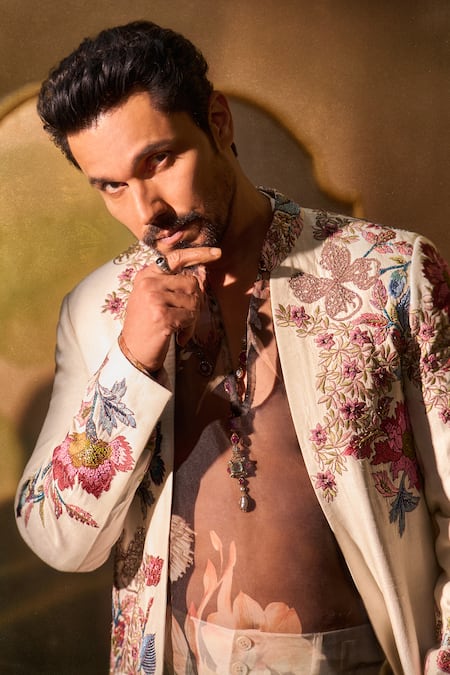 Buy_Varun Bahl_Ivory Dupion, Chanderi, Suiting Floral Pattern Sherwani Jacket Kurta Set _Online_at_Aza_Fashions