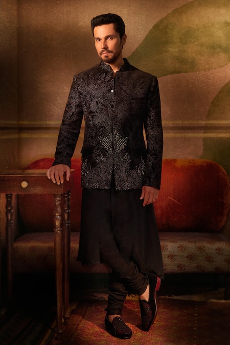Rohit Gandhi + Rahul Khanna Black Velvet, Silk Embroidery, Sequins Tonal Bandhgala Kurta Set