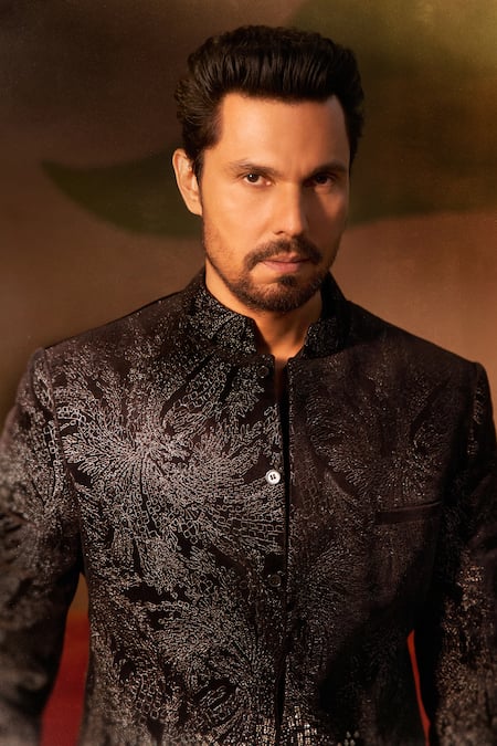Rohit Gandhi + Rahul Khanna_Black Velvet, Silk Embroidery, Sequins Tonal Bandhgala Kurta Set _Online_at_Aza_Fashions