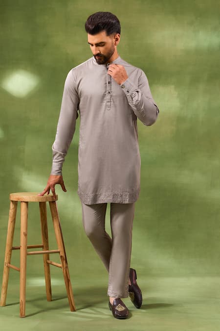 Spring Break_Beige Silk, Cotton Satin Embroidery Jacket And Kurta Set _Online_at_Aza_Fashions