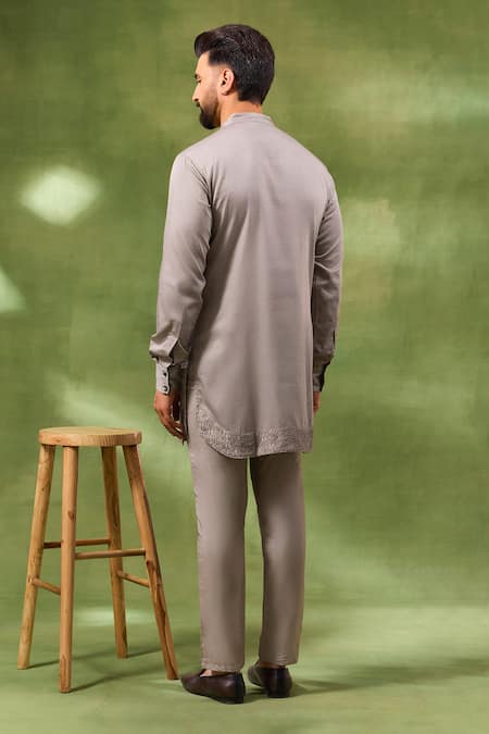 Buy_Spring Break_Beige Silk, Cotton Satin Embroidery Jacket And Kurta Set _Online_at_Aza_Fashions