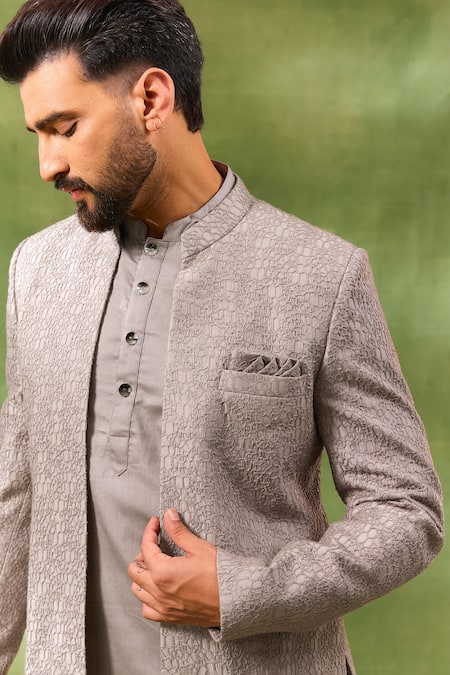 Shop_Spring Break_Beige Silk, Cotton Satin Embroidery Jacket And Kurta Set _Online_at_Aza_Fashions