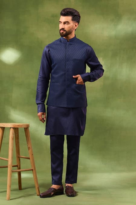 Spring Break Navy Jacquard Woven Bundi & Kurta Set 