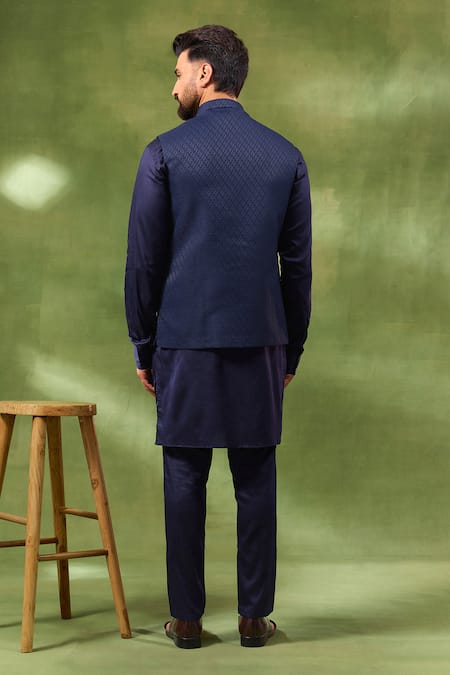 Spring Break Navy Jacquard Woven Bundi & Kurta Set 