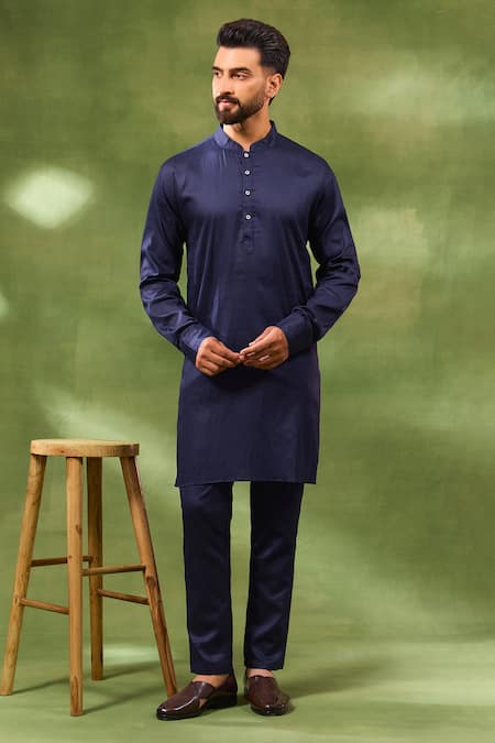 Spring Break_Navy , Silk, Satin Jacquard Woven Bundi And Kurta Set _Online_at_Aza_Fashions