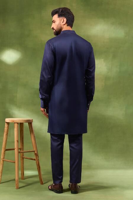 Buy_Spring Break_Navy , Silk, Satin Jacquard Woven Bundi And Kurta Set _Online_at_Aza_Fashions