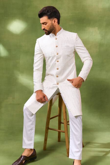 Spring Break_White Silk, Cotton Satin Embroidery Sherwani Set _Online_at_Aza_Fashions