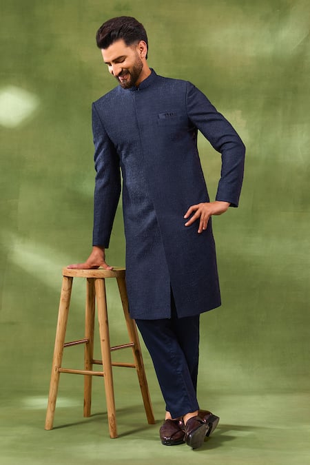 Spring Break Navy Silk Embroidered Sherwani Set 