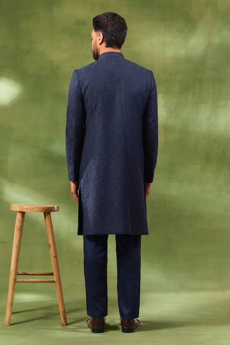 Spring Break Navy Silk Embroidered Sherwani Set 