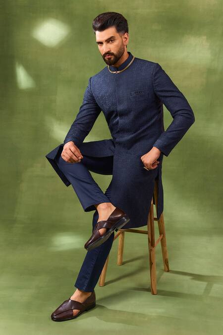 Spring Break Navy Silk, Cotton Satin Embroidery Sherwani Set Online at Aza Fashions Spring Break_Navy Silk, Cotton Satin Embroidery Sherwani Set_Online_at_Aza_Fashions
