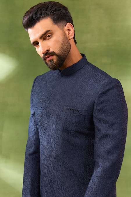 Buy Spring Break Navy Silk, Cotton Satin Embroidery Sherwani Set Online at Aza Fashions Buy_Spring Break_Navy Silk, Cotton Satin Embroidery Sherwani Set_Online_at_Aza_Fashions
