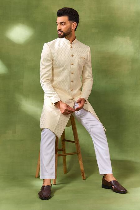 Spring Break_Cream , Silk, Satin Embroidery Sherwani Set _Online_at_Aza_Fashions