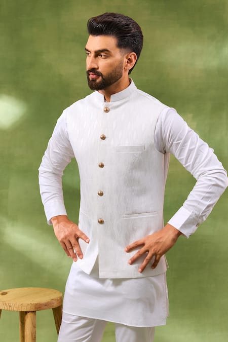 Buy_Spring Break_White , Silk, Satin Embroidery Bundi And Kurta Set _Online_at_Aza_Fashions