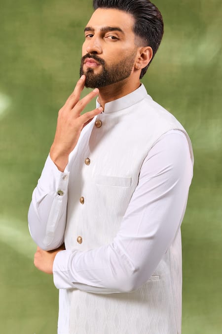 Shop_Spring Break_White , Silk, Satin Embroidery Bundi And Kurta Set _Online_at_Aza_Fashions