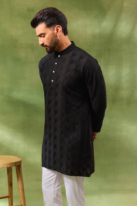 Spring Break_Black Silk, Cotton Embroidery Geometric Kurta Set _Online_at_Aza_Fashions