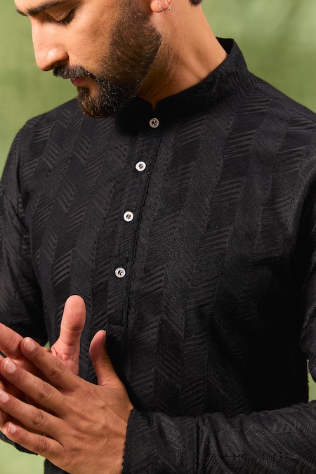 Shop_Spring Break_Black Silk, Cotton Embroidery Geometric Kurta Set _Online_at_Aza_Fashions