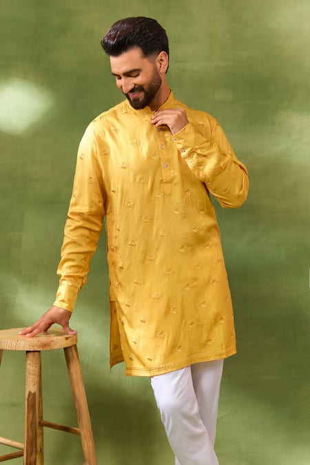 Buy Spring Break Mustard Silk, Cotton Embroidery Border Kurta Set Online at Aza Fashions Buy_Spring Break_Mustard Silk, Cotton Embroidery Border Kurta Set _Online_at_Aza_Fashions