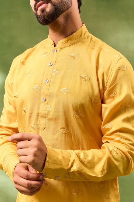 Shop Spring Break Mustard Silk, Cotton Embroidery Border Kurta Set Online at Aza Fashions Shop_Spring Break_Mustard Silk, Cotton Embroidery Border Kurta Set _Online_at_Aza_Fashions