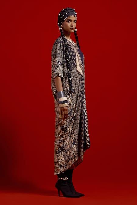 Buy_Aseem Kapoor_Gray Crepe Embroidery V-neck Zia Trapeze Dress _Online_at_Aza_Fashions