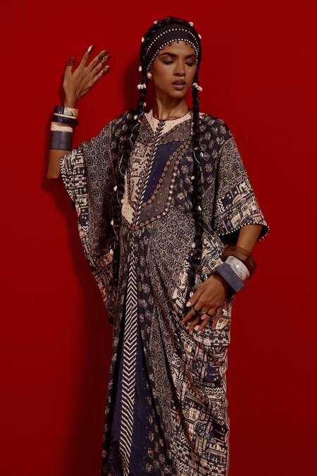 Shop_Aseem Kapoor_Gray Crepe Embroidery V-neck Zia Trapeze Dress _Online_at_Aza_Fashions