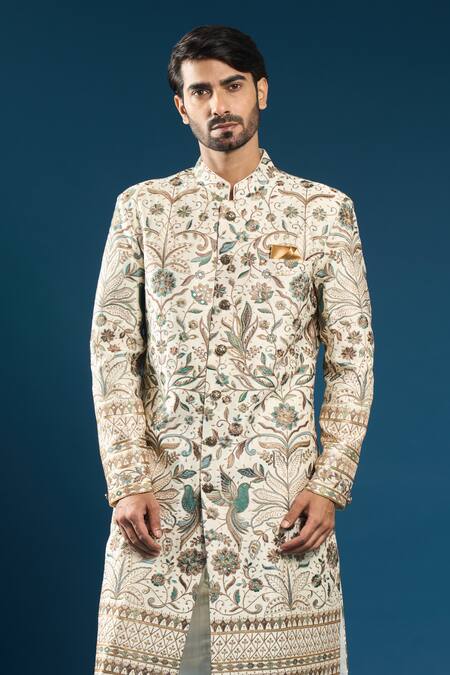 Arihant Rai Sinha_Cream Silk Embroidery Heavy Sherwani Set _at_Aza_Fashions