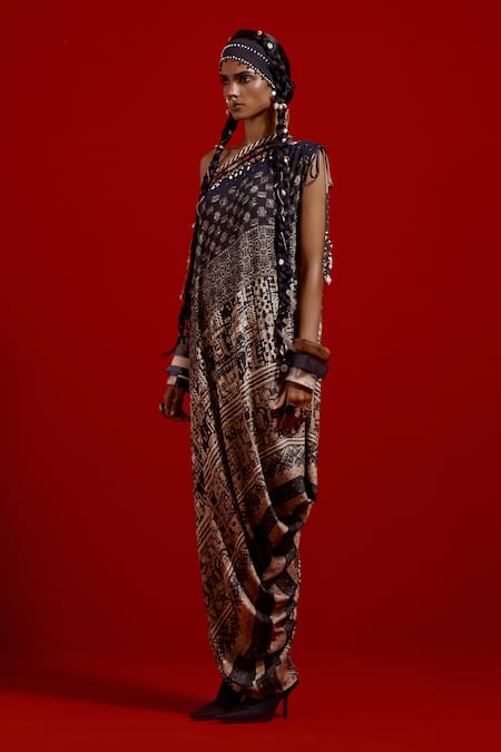 Aseem Kapoor_Gray Crepe Embroidery One Shoulder Rasa Dress _Online_at_Aza_Fashions