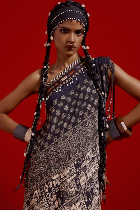 Aseem Kapoor_Gray Crepe Embroidery One Shoulder Rasa Dress _at_Aza_Fashions