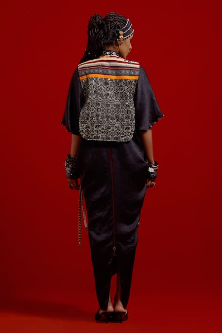 Buy_Aseem Kapoor_Black Silk Embroidery, Tassels V-neck Zia Trapeze Dress _Online_at_Aza_Fashions