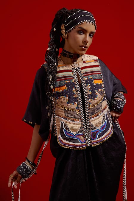 Shop_Aseem Kapoor_Black Silk Embroidery, Tassels V-neck Zia Trapeze Dress _Online_at_Aza_Fashions