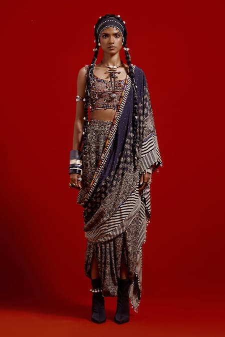 Aseem Kapoor_Gray Crepe Embroidery, Beads, Tassels Sadhvi Print Draped Saree With Blouse _Online_at_Aza_Fashions