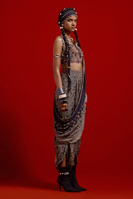 Buy_Aseem Kapoor_Gray Crepe Embroidery, Beads, Tassels Sadhvi Print Draped Saree With Blouse _Online_at_Aza_Fashions