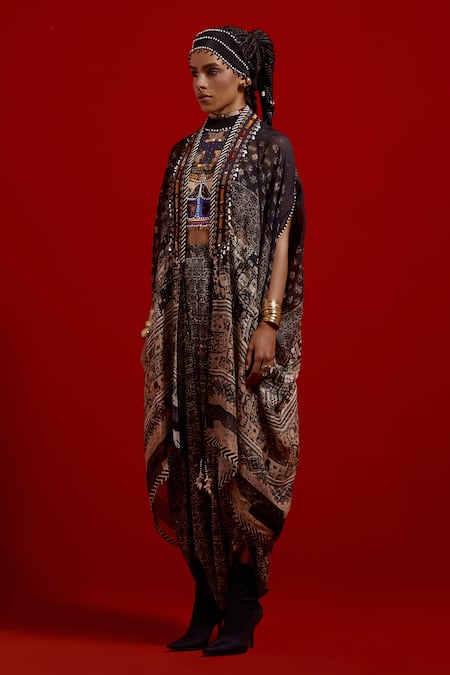 Buy_Aseem Kapoor_Gray Silk Beads, Tassels Open Neck Ritu Midi Kaftan Jacket _Online_at_Aza_Fashions