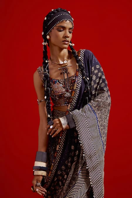 Aseem Kapoor_Gray Crepe Embroidery, Beads, Tassels Sadhvi Print Draped Saree With Blouse _at_Aza_Fashions