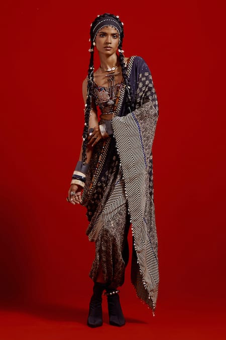 Buy_Aseem Kapoor_Gray Crepe Embroidery, Beads, Tassels Sadhvi Print Draped Saree With Blouse 