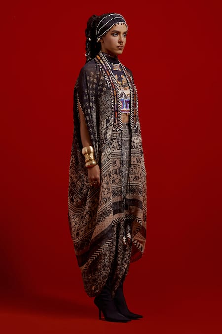 Shop_Aseem Kapoor_Gray Silk Beads, Tassels Open Neck Ritu Midi Kaftan Jacket _Online_at_Aza_Fashions