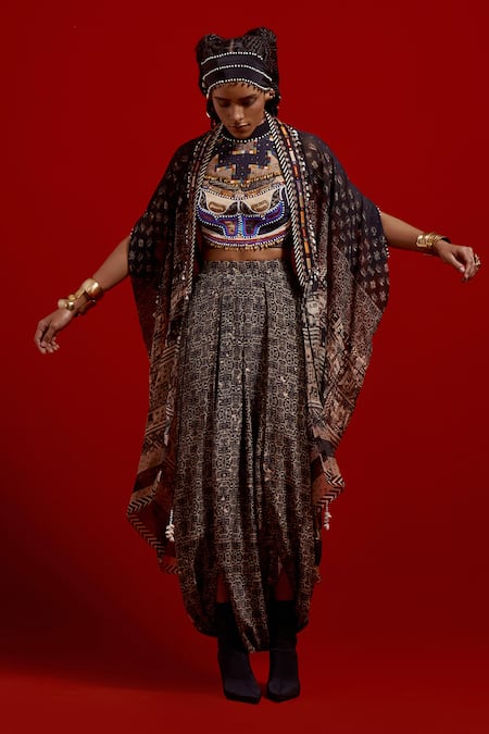 Aseem Kapoor_Gray Silk Beads, Tassels Open Neck Ritu Midi Kaftan Jacket _at_Aza_Fashions