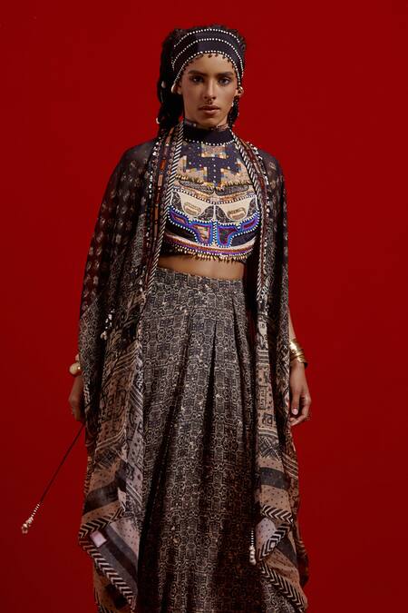 Shop_Aseem Kapoor_Gray Silk Beads, Tassels Open Neck Ritu Midi Kaftan Jacket 