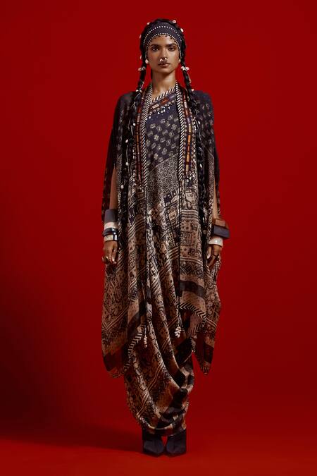 Buy_Aseem Kapoor_Blue Silk, Crepe Tassels, Embroidery Open Ritu Midi Jacket Kaftan And Dress Set _Online_at_Aza_Fashions