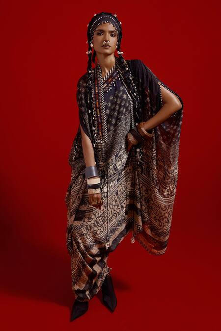 Buy_Aseem Kapoor_Blue Silk, Crepe Tassels, Embroidery Open Ritu Midi Jacket Kaftan And Dress Set 