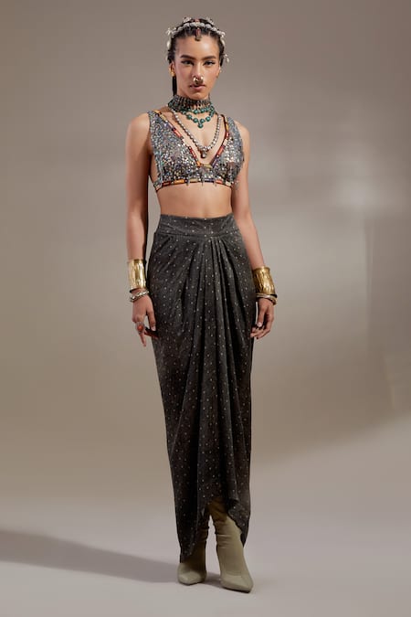 Aseem Kapoor_Gray Silk Beads, Tassels, Embroidery V-neck Haya V Blouse _Online_at_Aza_Fashions